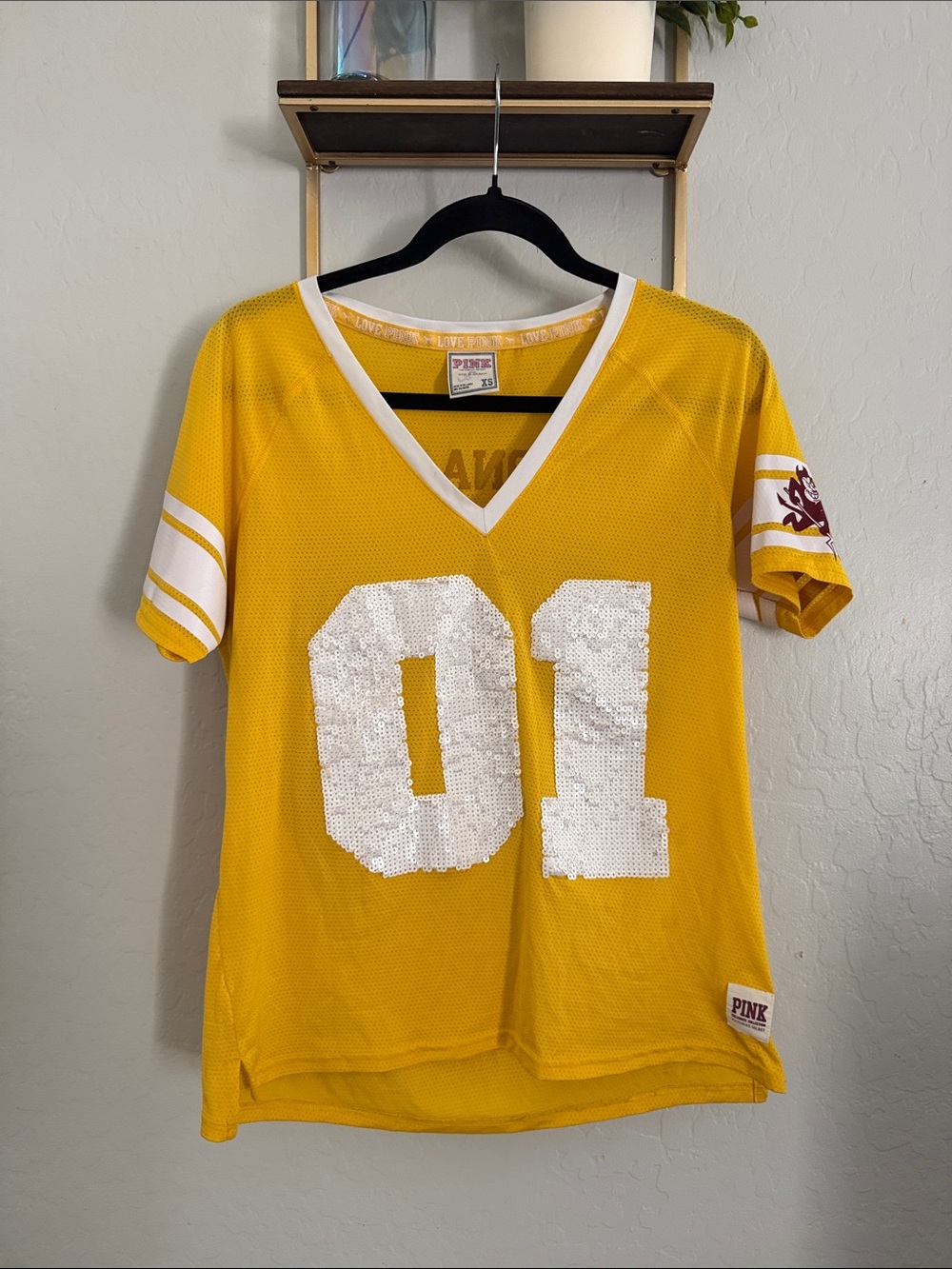 PINK Victoria's Secret Yellow Sequin '01' V-Neck Jersey